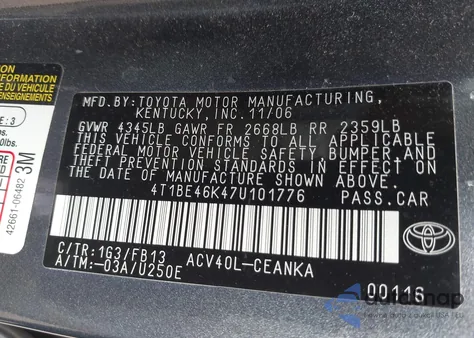 2007 Toyota Camry Le z USA, uszkodzony, nr VIN 4T1BE46K47U101776